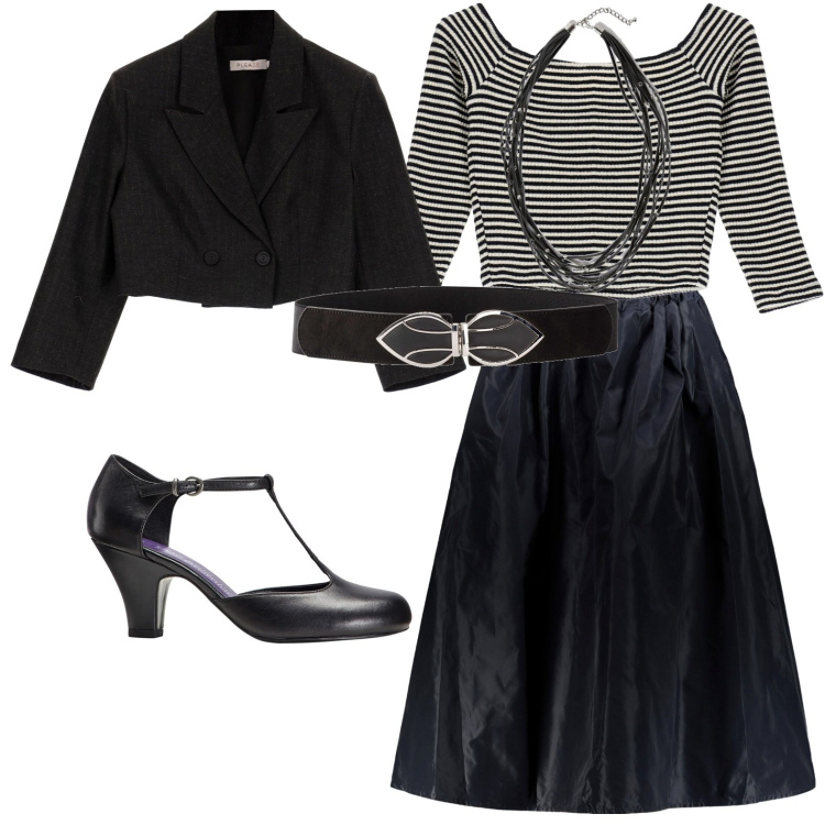 Outfit donna - Total look #1789140. Stile Casual chic per Tutti i giorni. Abbinamento con cinture, décolleté, maglieria, blazer, gonne lunghe, collane.