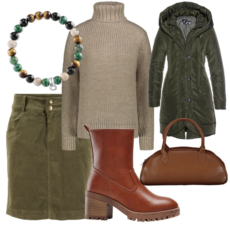 Outfit donna - I colori della natura. Stile Urban per Tutti i giorni. Abbinamento con blazer, stivaletti, gonne lunghe, maglieria, borse a spalla, braccialetti.