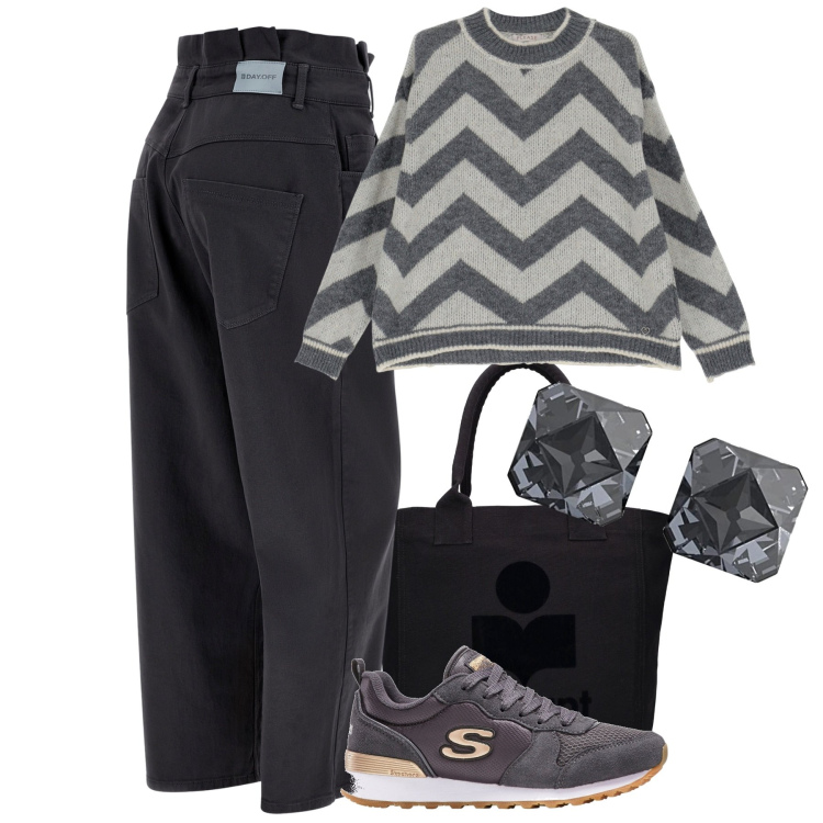Outfit donna - Sporty. Stile Casual per Tutti i giorni. Abbinamento con sneakers, maglieria, jeans, shopping bag, orecchini.