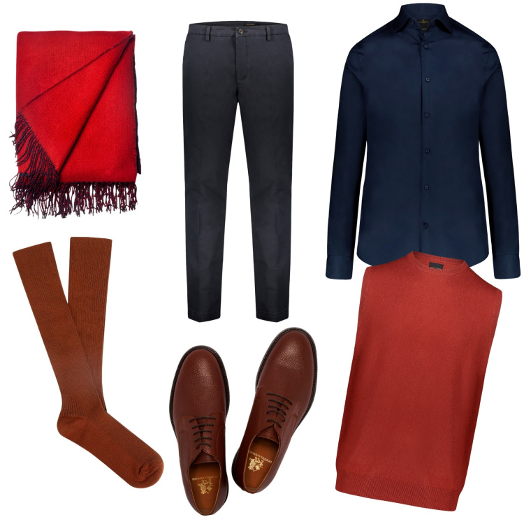 Outfit uomo - Calzini strategici. Stile Business/Elegante per Serata speciale. Abbinamento con gilet, pantaloni chino, camicie, scarpe stringate, sciarpe, calzini.