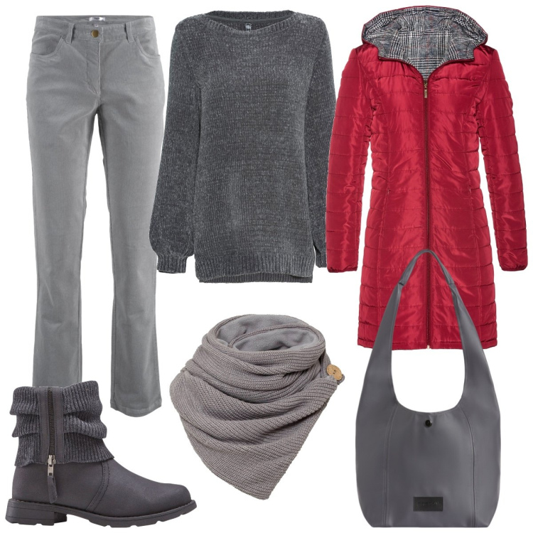 Outfit donna - Grigio casual e rosso. Stile Casual per Tutti i giorni. Abbinamento con maglieria, pantaloni, foulard, stivaletti, blazer, borse a spalla.