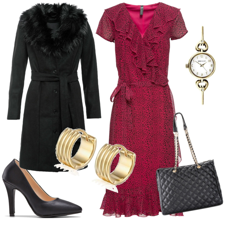 Outfit donna - Rosso nero. Stile Chic per Serata fuori. Abbinamento con shopping bag, vestiti midi/longuette, cappotti, décolleté, orologi analogici, orecchini.