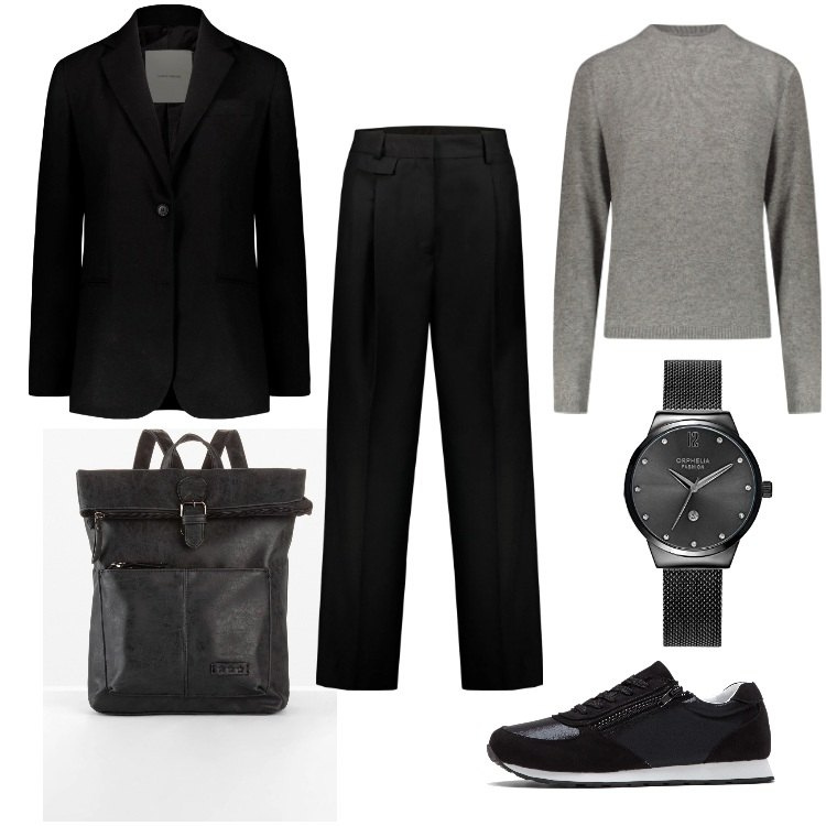 Outfit donna - Business Fit-Dicembre. Stile Mannish per Ufficio. Abbinamento con sneakers, zaini, pantaloni, pullovers, blazer, orologi analogici.