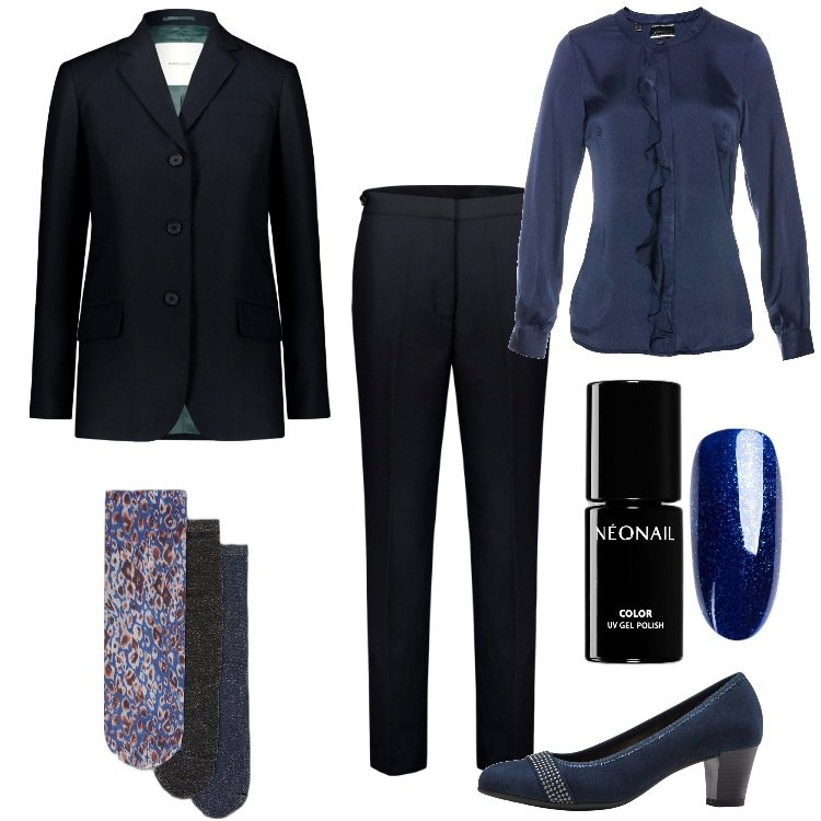 Outfit donna - Dark Blue-Dicembre. Stile Minimal per Serata fuori. Abbinamento con décolleté, camicie, smalti, blazer, pantaloni, top.