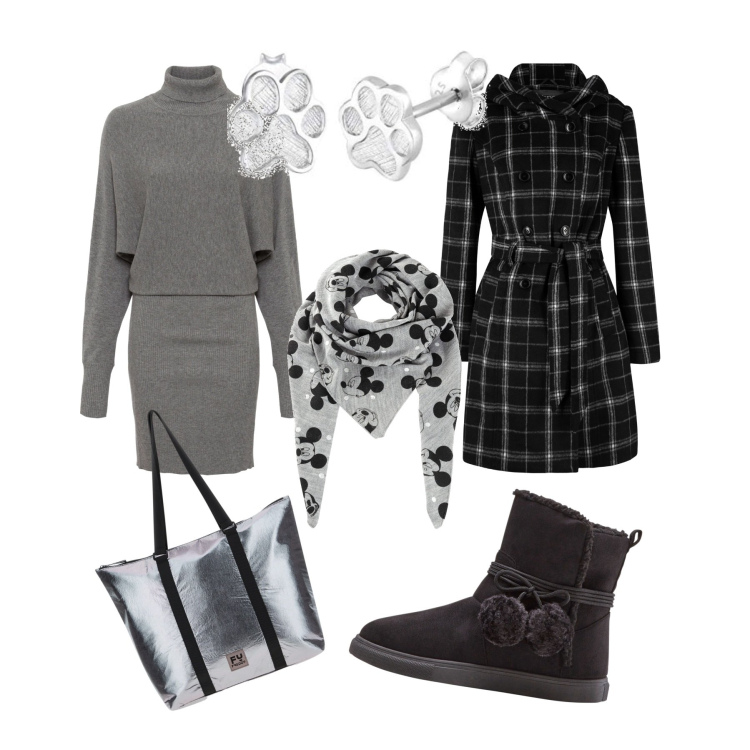 Outfit donna - A spasso col cane. Stile Trendy per Tutti i giorni. Abbinamento con vestiti, cappotti, stivaletti, foulard, borse tote, orecchini.