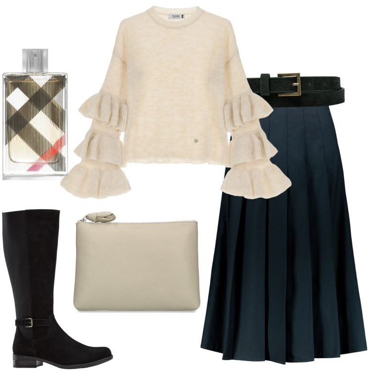 Outfit donna - Total look #1789214. Stile Casual per Tutti i giorni. Abbinamento con stivali, profumi, maglieria, gonne longuette, cinture, pochette.