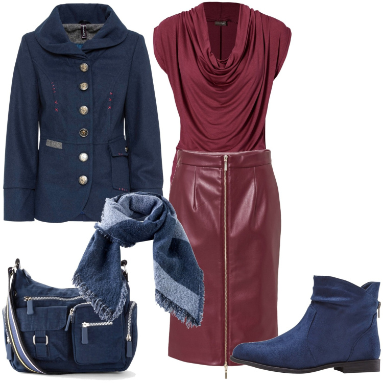 Outfit donna - Total look #1789215. Stile Casual per Ufficio. Abbinamento con stivaletti, borse a tracolla, cappotti, gonne longuette, maglieria, sciarpe.