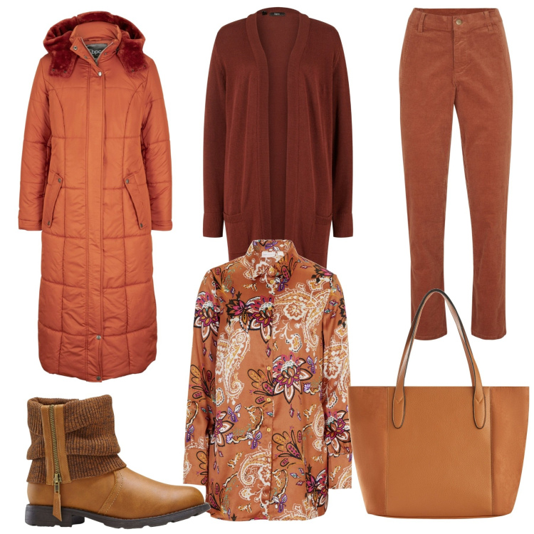 Outfit donna - Tinte calde. Stile Urban per Tutti i giorni. Abbinamento con cardigans, pantaloni, shopping bag, camicie, cappotti, stivaletti.