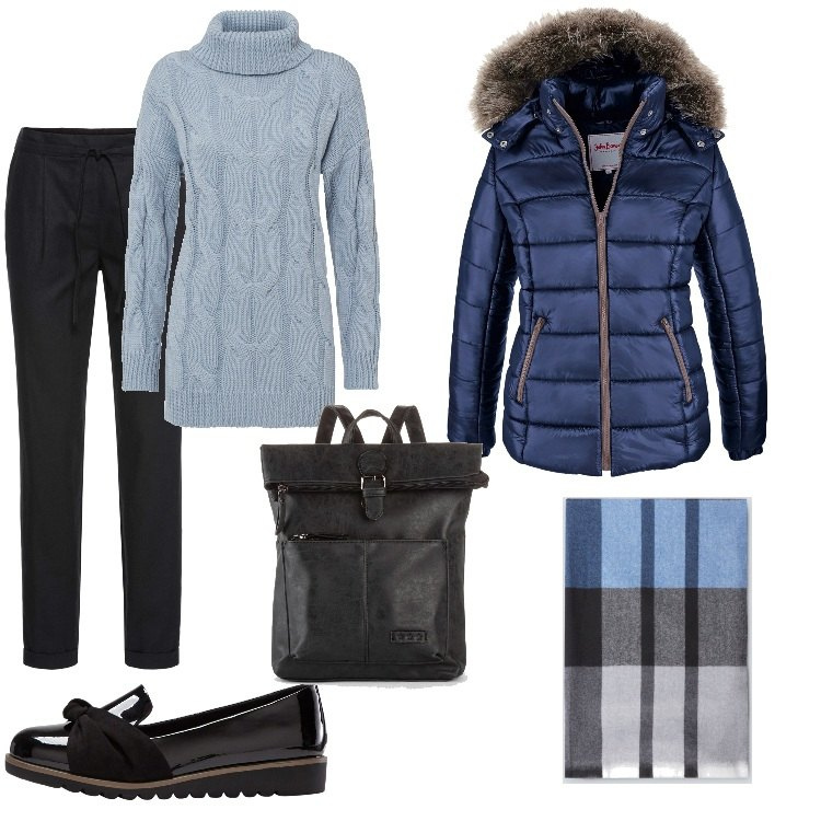Outfit donna - classico casual. Stile Casual per Tutti i giorni. Abbinamento con piumini, pantaloni, zaini, maglieria, mocassini, sciarpe.
