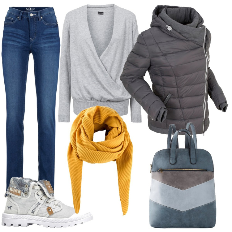 Outfit donna - la maglia grigio perla. Stile Casual per Tutti i giorni. Abbinamento con foulard, jeans, maglieria, giacche, sneakers alte, zaini.
