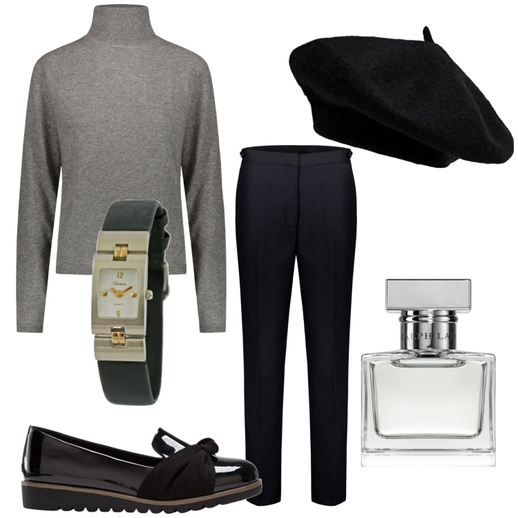 Outfit donna - Seriamente. Stile Bon Ton per Ufficio. Abbinamento con mocassini, profumi, pantaloni, cappelli e berretti, maglieria, orologi.
