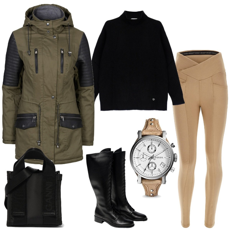 Outfit donna - Total look #1789251. Stile Urban per Tutti i giorni. Abbinamento con parka, pullovers, pantaloni skinny, stivali sopra il ginocchio, orologi, shopping bag.