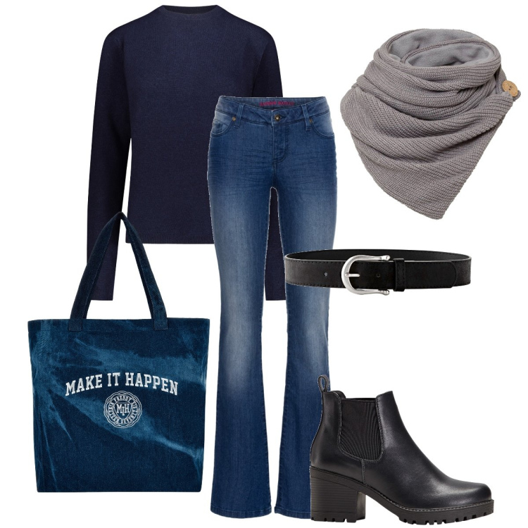 Outfit donna - Classico pullover blu. Stile Urban per Tutti i giorni. Abbinamento con stivaletti chelsea, jeans bootcut, foulard, cinture, shopping bag, maglieria.
