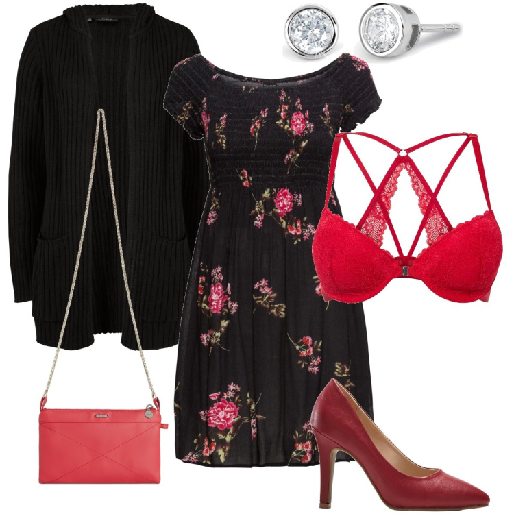 Outfit donna - Rosso portafortuna. Stile Romantica per Serata fuori. Abbinamento con cardigans, vestiti, décolleté, reggiseni, orecchini, clutch.
