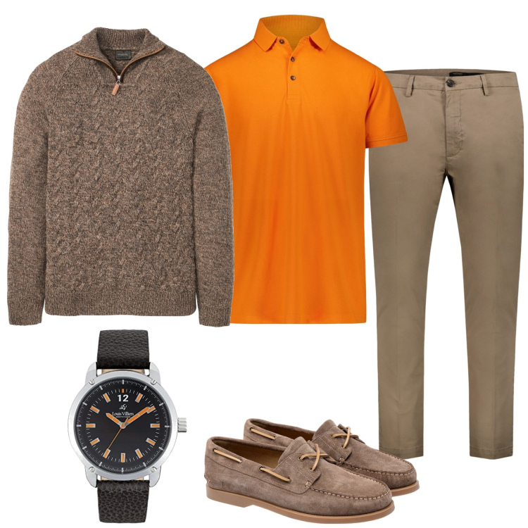 Outfit uomo - Tocchi Orange. Stile Casual per Tutti i giorni. Abbinamento con maglieria, orologi analogici, pantaloni chino, polo, scarpe stringate.