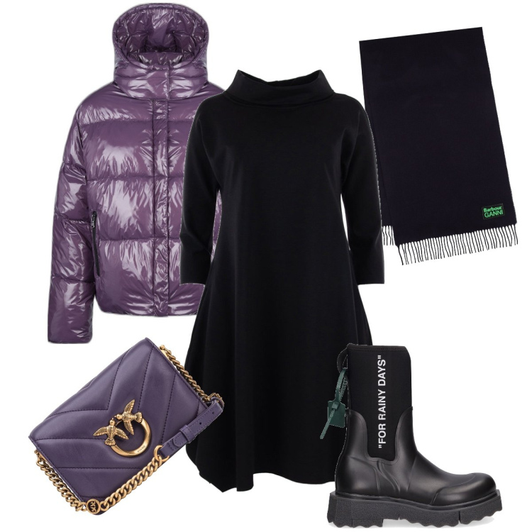 Outfit donna - Veglione in alta quota. Stile Casual chic per Serata fuori. Abbinamento con borse a tracolla, blazer, vestiti, stivali di gomma, sciarpe.