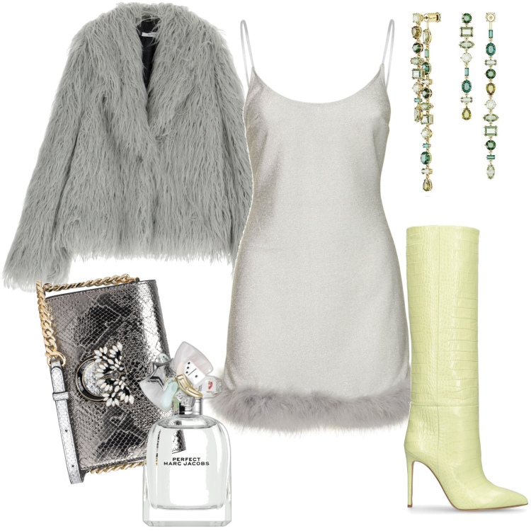 Outfit donna - Total look #1789283. Stile Sexy per Serata fuori. Abbinamento con profumi, borse a tracolla, cappotti, orecchini, vestiti, stivali.