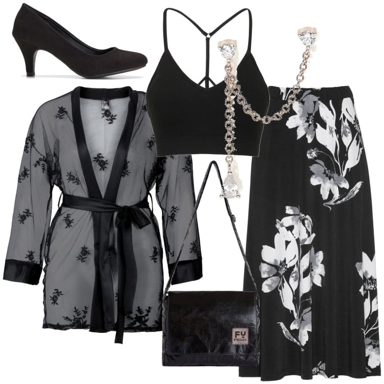 Outfit donna - Capodanno sexy. Stile Sexy per Serata fuori. Abbinamento con décolleté, kimono, gonne, orecchini, borse a tracolla, top.