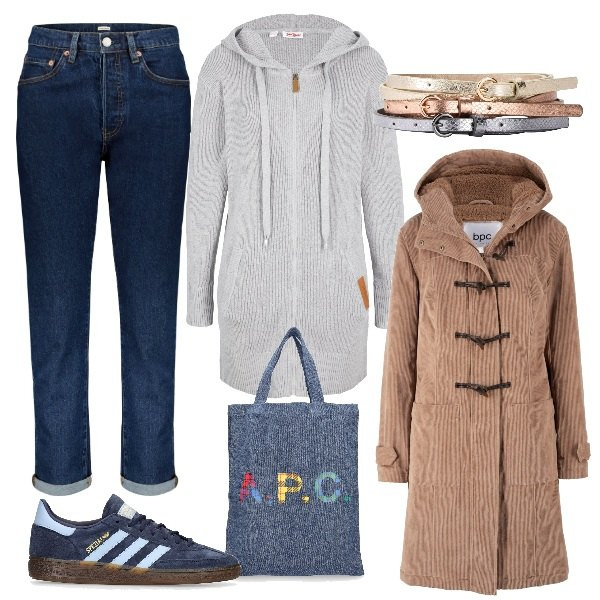 Outfit donna - Total look #1789301. Stile Casual per Tutti i giorni. Abbinamento con cardigans, montgomery, cinture, sneakers, jeans, shopping bag.
