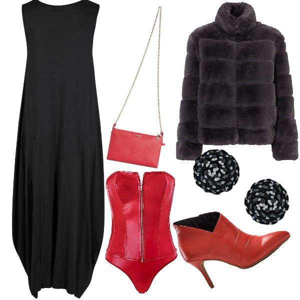 Outfit donna - Capodanno nero e rosso. Stile Chic per Serata fuori. Abbinamento con vestiti lunghi, ecopellicce, stivaletti, body, clutch, orecchini.