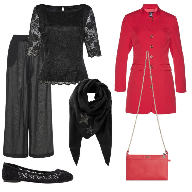 Outfit donna - Festa Classic. Stile Romantica per Serata fuori. Abbinamento con ballerine, foulard, blazer, bluse, clutch, pantaloni.