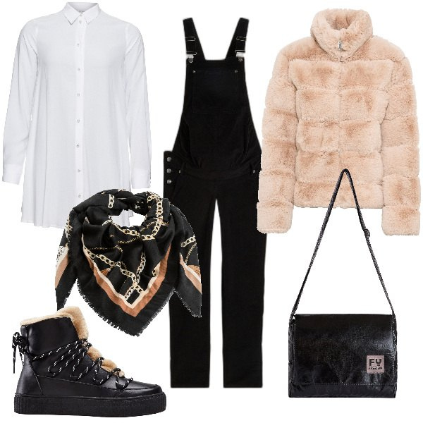 Outfit donna - Total look #1789320. Stile Casual chic per Tutti i giorni. Abbinamento con ecopellicce, camicie, salopette, foulard, sneakers alte, borse a tracolla.