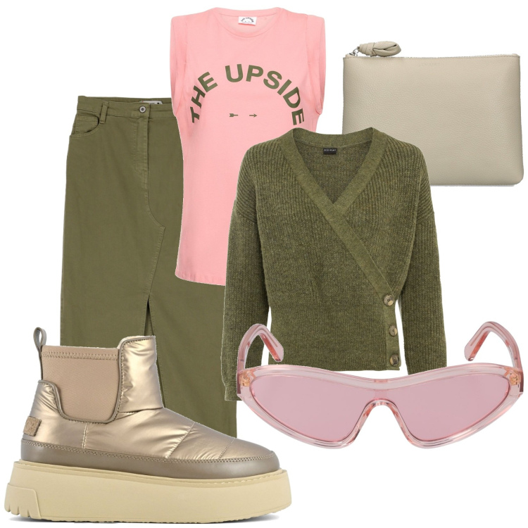 Outfit donna - Sole e temperature primaverili. Stile Casual chic per Tutti i giorni. Abbinamento con maglieria, gonne lunghe, stivali, canottiere, occhiali da sole, pochette.