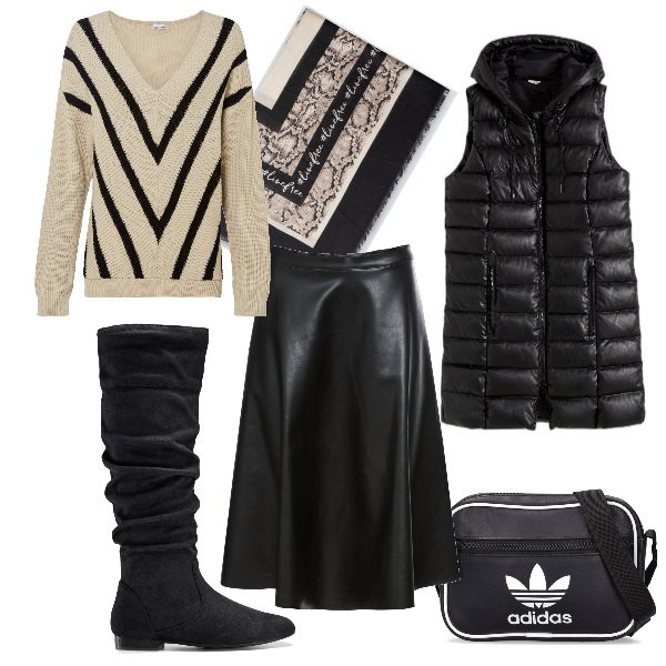 Outfit donna - Total look #1789327. Stile Sporty chic per Tutti i giorni. Abbinamento con stivali, maglieria, gonne, gilet, borse a spalla, foulard.