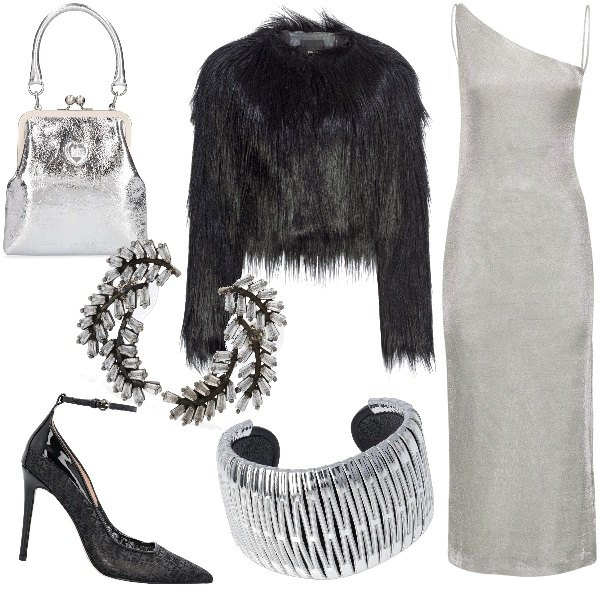 Outfit donna - Capodanno grigio perla. Stile Chic per Serata fuori. Abbinamento con blazer, décolleté, vestiti midi/longuette, borse a mano, orecchini, braccialetti.