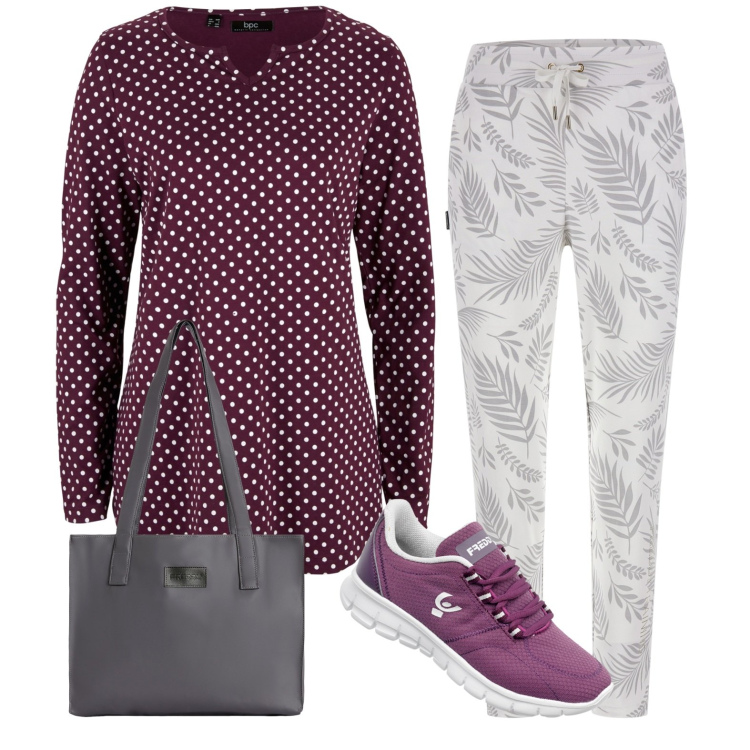 Outfit donna - Mix and match. Stile Casual per Scuola/Università. Abbinamento con maglieria, pantaloni, shopping bag, sneakers.