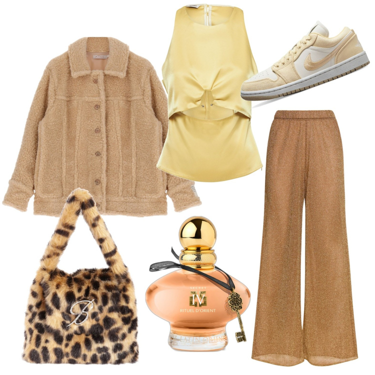 Outfit donna - Giornata di ferie. Stile Urban per Tutti i giorni. Abbinamento con profumi, blazer, sneakers, top, borse a mano, pantaloni.