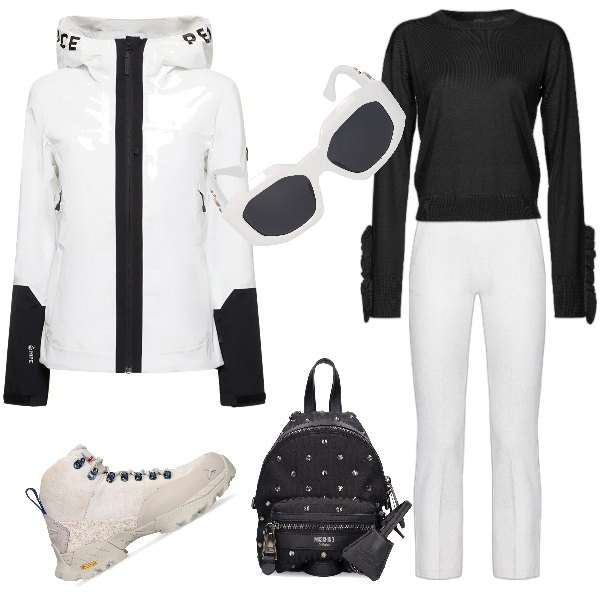 Outfit donna - Bianco anche in inverno. Stile Sporty chic per Tutti i giorni. Abbinamento con pullovers, pantaloni, occhiali da sole, zaini, stivaletti, cappotti.
