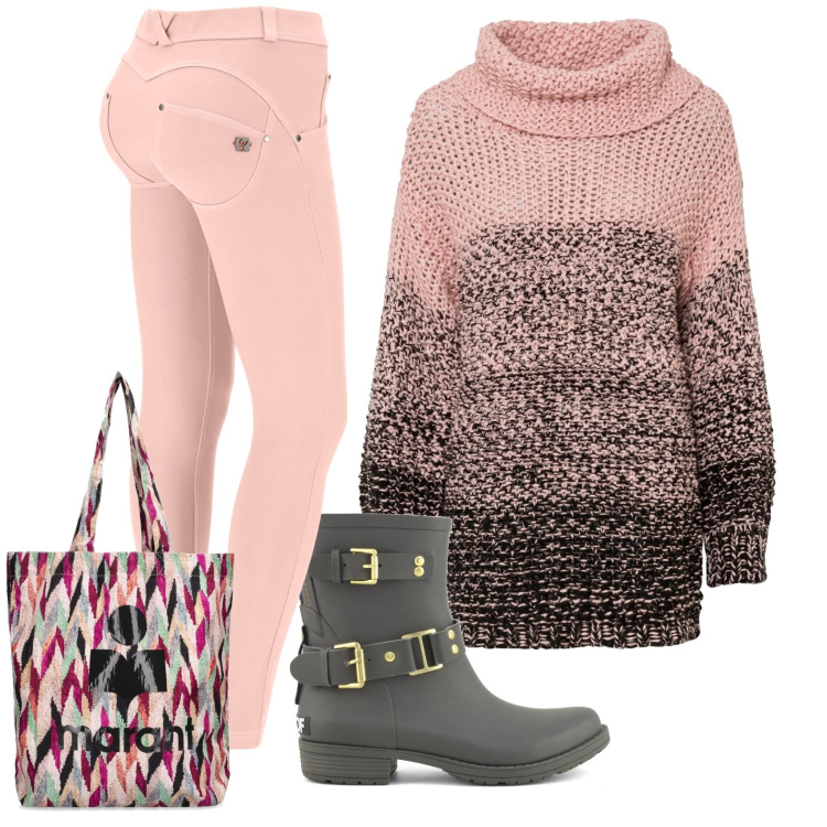 Outfit donna - Rosa antico. Stile Casual per Tutti i giorni. Abbinamento con maglieria, pantaloni skinny, stivali, shopping bag.
