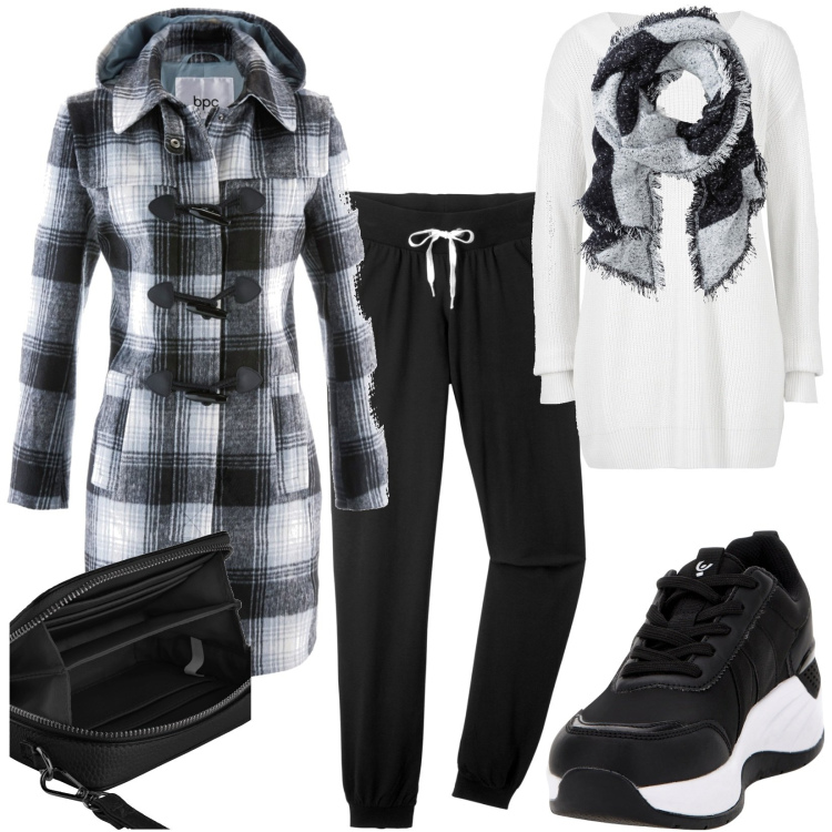 Outfit donna - Total look #1789368. Stile Casual per Sport. Abbinamento con pantaloni, borse a tracolla, maglieria, montgomery, sciarpe, sneakers.