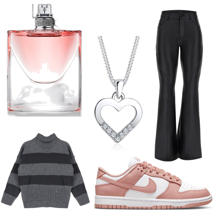 Outfit donna - Capodanno in moda. Stile Casual per Cerimonia. Abbinamento con profumi, maglieria, pantaloni skinny, sneakers, ciondoli.