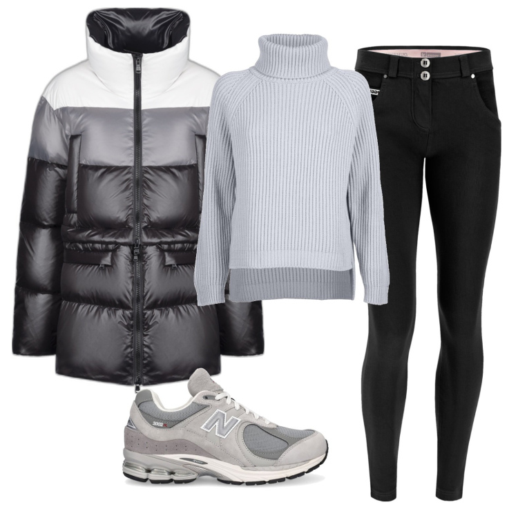 Outfit donna - Comoda per lo shopping. Stile Casual per Tutti i giorni. Abbinamento con pantaloni skinny, piumini, sneakers alte, maglieria.
