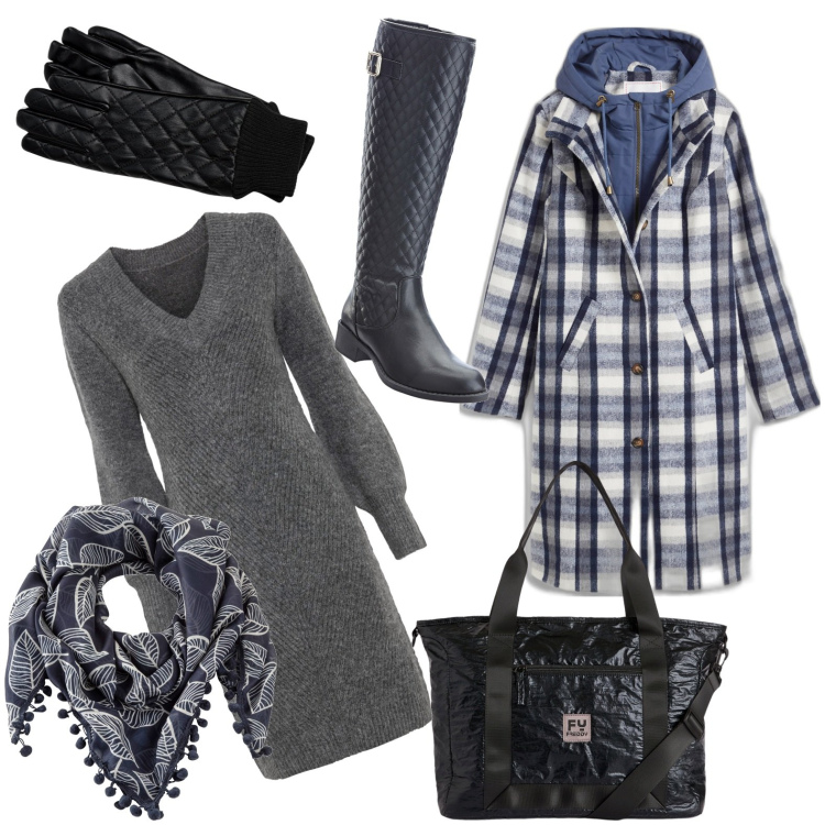 Outfit donna - Freddo e pioggia. Stile Basic per Tutti i giorni. Abbinamento con vestiti, cappotti, foulard, stivali, borse tote, guanti.