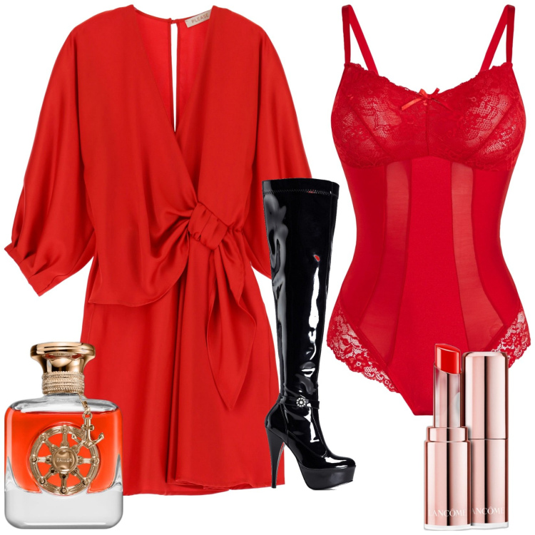 Outfit donna - Woman in red. Stile Sexy per Serata fuori. Abbinamento con body, stivali sopra il ginocchio, rossetti, profumi, vestiti corti.