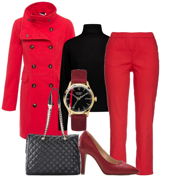 Outfit donna - Rosso. Stile Casual chic per Tutti i giorni. Abbinamento con shopping bag, cappotti, pantaloni, décolleté, maglieria, orologi.