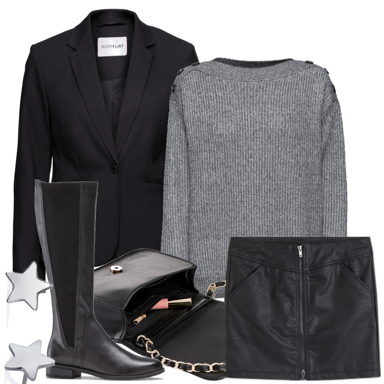 Outfit donna - City. Stile Trendy per Tutti i giorni. Abbinamento con blazer, borse a tracolla, maglieria, stivali sopra il ginocchio, minigonne, orecchini.