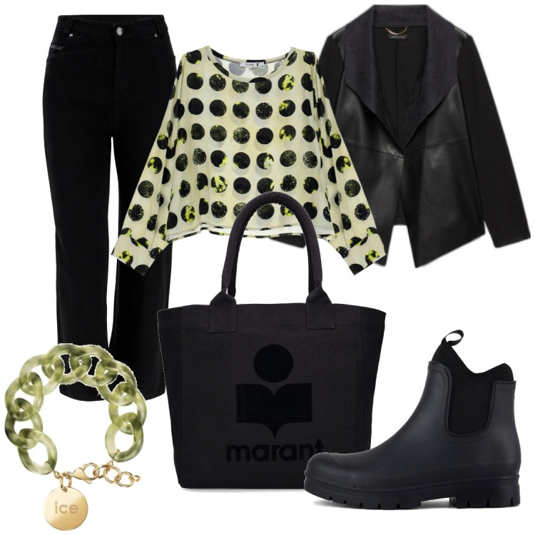 Outfit donna - La blusa a pois. Stile Casual per Tutti i giorni. Abbinamento con felpe, jeans dritti, stivali, blazer, braccialetti, shopping bag.