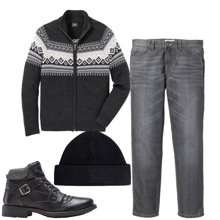 Outfit uomo - Dicembre. Stile Casual per Tutti i giorni. Abbinamento con jeans dritti, stivali e stivaletti, cardigans, berretti.