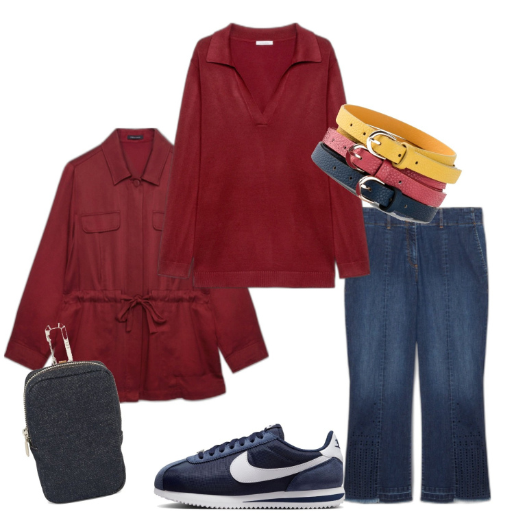 Outfit donna - Total look #1789446. Stile Casual per Tutti i giorni. Abbinamento con cinture, camicie, jeans dritti, maglieria, pochette, sneakers.