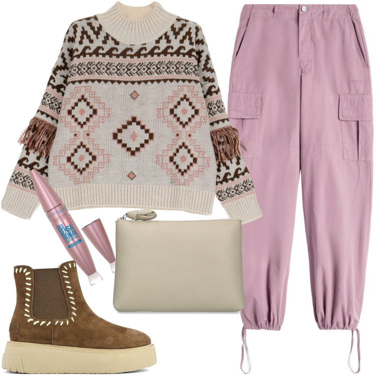 Outfit donna - Total look #1789448. Stile Casual per Tutti i giorni. Abbinamento con mascara, maglieria, pantaloni cargo, stivaletti, pochette.