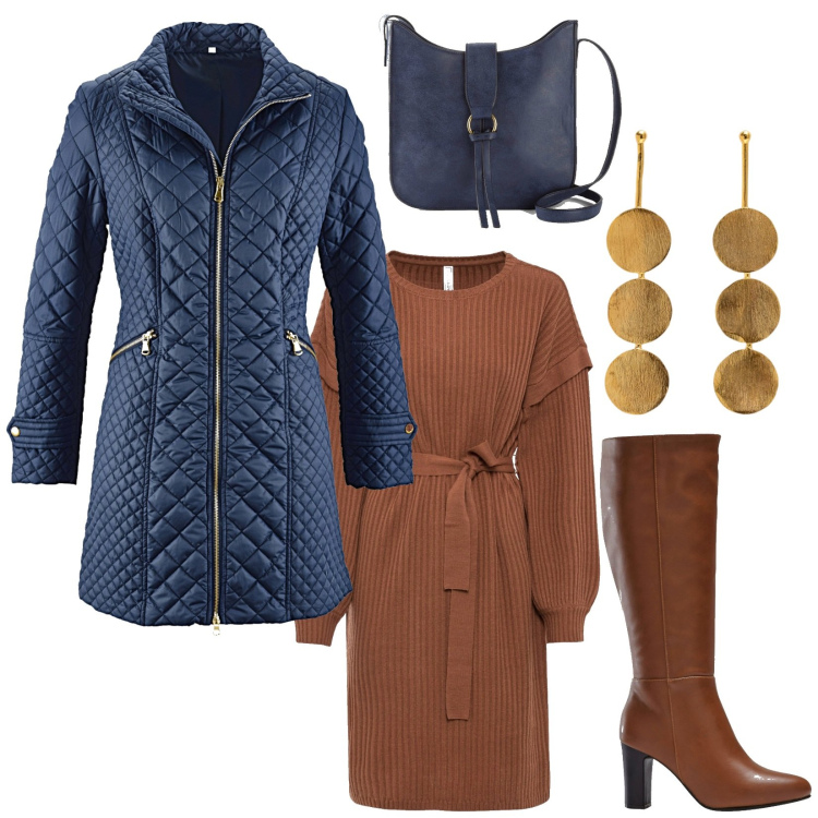 Outfit donna - Giornata in ufficio. Stile Urban per Ufficio. Abbinamento con blazer, vestiti, stivali, borse a tracolla, orecchini.