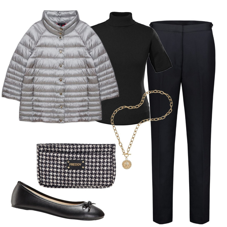 Outfit donna - classico e intramontabile. Stile Basic per Tutti i giorni. Abbinamento con ballerine, maglieria, portafogli, pantaloni, piumini, collane.