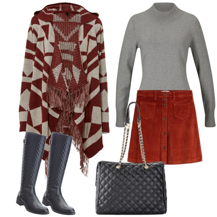 Outfit donna - Bonprix. Stile Urban per Tutti i giorni. Abbinamento con gonne, shopping bag, maglieria, cardigans, stivali.