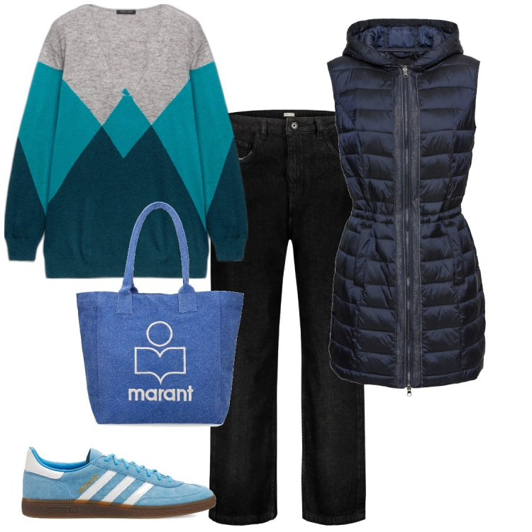 Outfit donna - Shopping. Stile Casual per Tutti i giorni. Abbinamento con piumini, maglieria, jeans, sneakers, shopping bag.