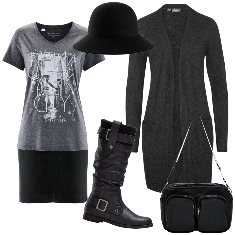 Outfit donna - Total look #1789475. Stile Urban per Tutti i giorni. Abbinamento con gonne lunghe, cardigans, t-shirt, cappelli, stivali sopra il ginocchio, borse a tracolla.