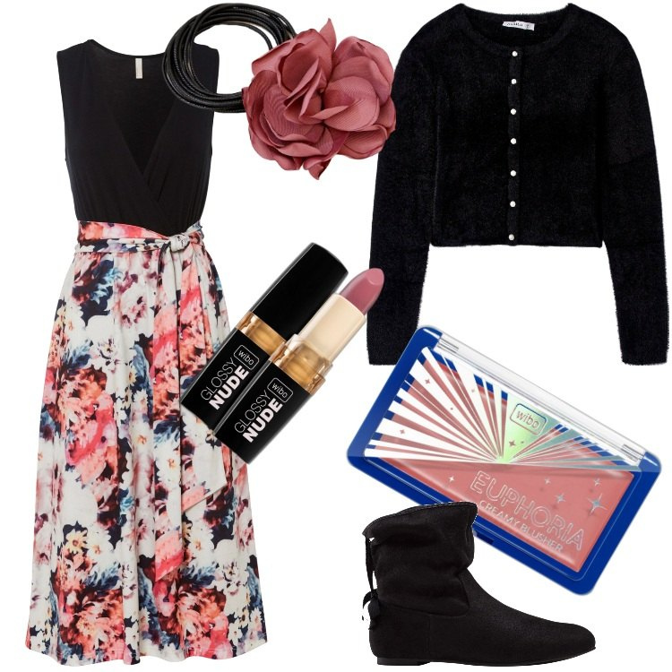 Outfit donna - Comfort Fit-Gennaio. Stile Boho per Tutti i giorni. Abbinamento con stivaletti, vestiti midi/longuette, rossetti, blush, cardigans, collane.